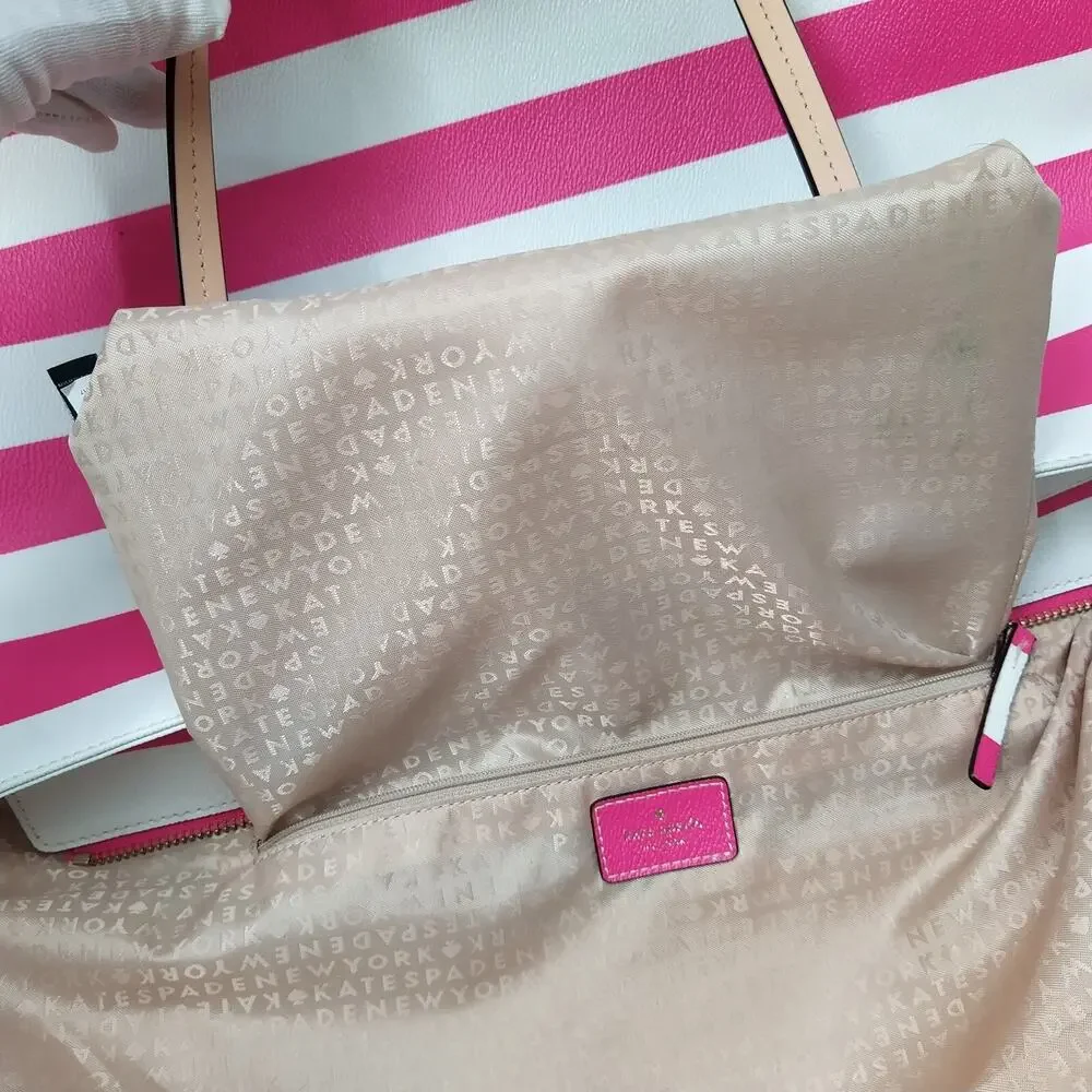 Kate Spade Pink Stripe Leather Trim Bow Double Handles Zipper Tote Shoulder Bag
